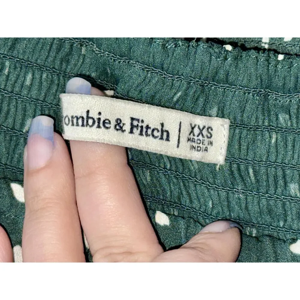 NEW Abercrombie & Fitch Green White Ruffled Smocked Puff Sleeve Blouse Size XXS